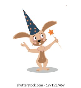 Rabbit wizard with hat and magic wand. Cute Cartoon Rabbit. Rabbit bunny kids illustration Easter cartoon forest hare animal bunny holiday funny decoration. Nursery poster design.