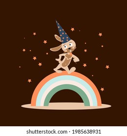 Rabbit wizard in a hat with stars. A cute cartoon rabbit walking forward