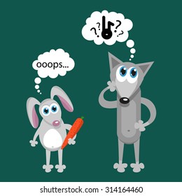 rabbit and wolf thinking about food. Cartoon flat style vector. Concept illustration.