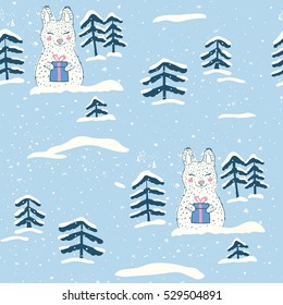 Rabbit in the woods in winter. White Rabbit. Winter Children's festive seamless pattern.