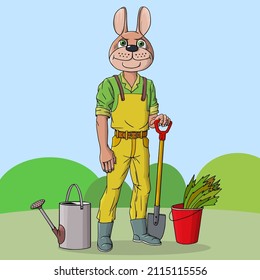 El conejo está trabajando en el jardín. Cultiva zanahorias y verduras diversas. Ilustración vectorial.