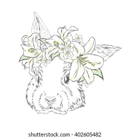 Rabbit in a wreath of flowers. Vector illustration.
