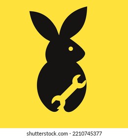 Rabbit Wrench Logo Negative Space Concept Vector Template. Rabbit Holding Wrench Symbol