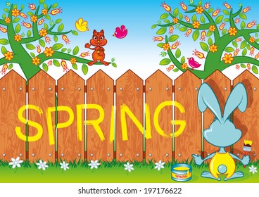 Rabbit writes on a fence the word: Spring