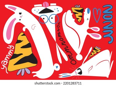 rabbit xmas red bunny cartoon star carrot crazy cute funny postcard letter holiday tooth blue pink heart love illustration character art child 2023 yammy omnom food glasses symbol vector set