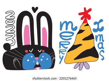 rabbit xmas tree bunny black star carrot crazy cute funny postcard letter holiday tooth orange blue pink heart love illustration character art child 2023 art food meal postcard poster christmas design