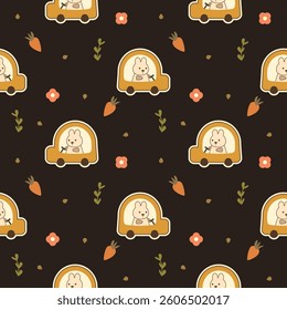 Rabbit in yellow car cartoon so cute. On carrot flower leaf black background. Pattern seamless vector illustration. 