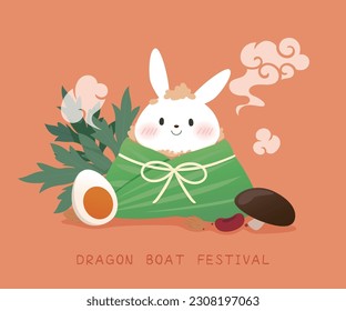 A rabbit in the Zongzi ( sticky rice dumpling ). Flat vector illustration. Dragon boat festival greeting card.