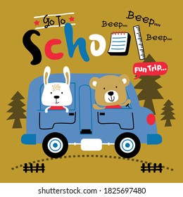 rabbit,bear and school bus funny animal cartoon,vector illustration