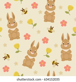 Rabbit/bunny and bumble bee. Vector floral seamless pattern. 