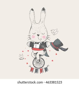 rabbit/bunny ridding/bicycle/hand drawn vector illustration in vintage style/ gentleman/can be used for kid's or baby's shirt design, fashion print design, fashion graphic, t-shirt, kids wear