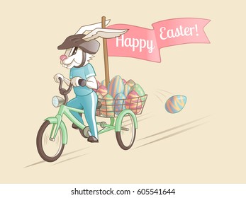 Rabbit-driver of Easter eggs. Vector illustration.

