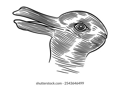 Rabbit-duck illusion. An Ambiguous image, reversible figure, and optical illusion in which a rabbit or a duck can be seen. After an unattributed drawing and earliest known version from 1892. Vector.