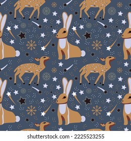 Rabbites and deers on the sky with comets and stars and showflakes
