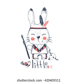 Rabbit.hand drawn vector illustration of cute indian rabbit in Indian headband and bird.