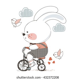 rabbit/hand drawn vector illustration of Cute Bunny Riding a Bicycle/Tricycle/can be used for kid's or baby's shirt design/fashion print design/fashion graphic/t-shirt/kids wear