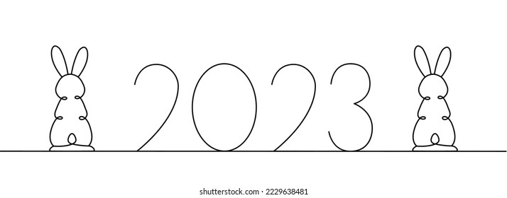 Rabbits with 2023 Year one line drawing. Year of the Rabbit. Hare continuous one line illustration. Happy New Year 2023. Vector illustration.