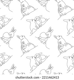 Rabbits abstract one continuous line semless pattern. Modern minimalist style bunny symbol of 2023 year. Happy chinese New year.