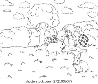 Rabbits With Baby Easter Coloring Page Outline Vector