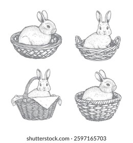 Rabbits in the baskets sketch set. Hand drawn easter bunnies collection. Vector illustrations isolated on white background.