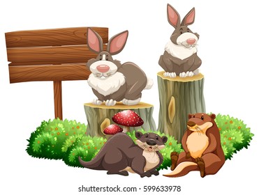 Rabbits and beavers by the sign illustration