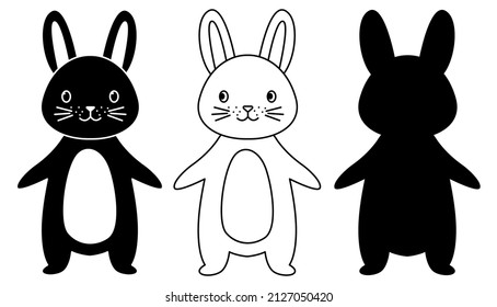 Rabbits black silhouette glyph line outline set. Easter cartoon bunnies with a cute muzzle and tummy isolated on white background. Suitable for website design, postcards, stickers. Vector illustration