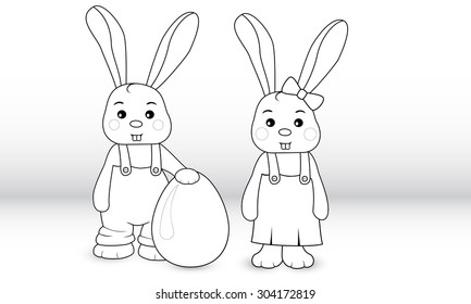 Rabbits boy and girl in overalls with egg