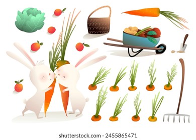 Rabbits or bunnies farmers couple harvesting vegetables carrots and kissing. Gardening and farming clip art collection for kids with cute rabbits characters. Vector isolated clip art for children.