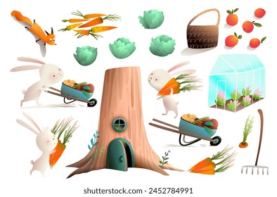 Rabbits or bunnies farmers harvesting vegetables carrots, cabbage and apples. Gardening and farming clip art collection for kids with cute animals characters. Vector isolated clip art for children.