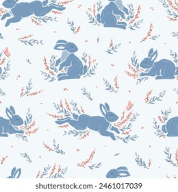 Rabbits. Bunnies and Flower Branches Seamless Floral Pattern. Spring or Summer Background with Blue Bunny, Leaves and Flowers. Handmade. Hand drawing. Not AI. Vector illustration.