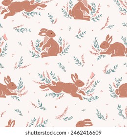 Rabbits. Bunnies and Flower Branches Seamless Floral Pattern. Spring or Summer Background with Brown Bunny, Leaves and Flowers. Handmade. Hand drawing. Not AI. Vector illustration.