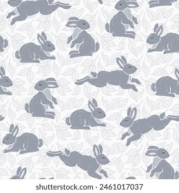 Rabbits. Bunnies Seamless Pattern. Background with Gray Bunny and Leaves. Handmade. Hand drawing. Not AI. Vector illustration.