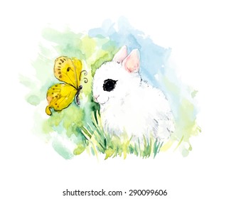 Rabbits with butterflies. Watercolor hand drawing vector illustration. Spring composition.  