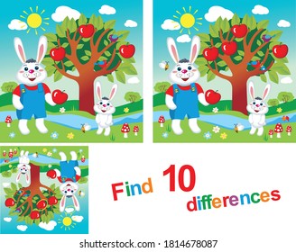 Rabbits by the river. Educational game for children. Cartoon vector illustration.