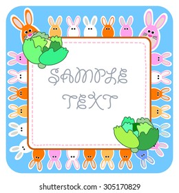Rabbits and Cabbage - cute frame with rabbits family. Funny frame with sewing edge and cute animals. Square blue border with hares. Good as banner,sticker,birthday card, invitation.