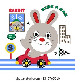 rabbits are in a car, cartoon vector illustration