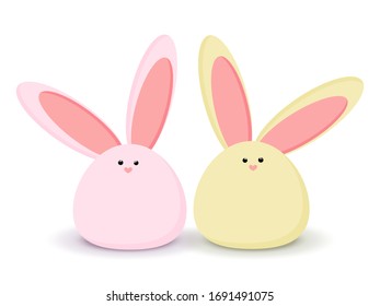 Rabbits card. Sweet pink and yellow easter bunnys sitting waiting for Easter. Vector illustration in simple flat style. Colorful stock illustration. Ideas for decoration and design.