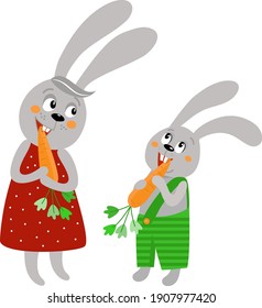 Rabbits with carrot. Mom and son eating vegetable. Bunny and baby holds carrot. Family of rabbits like healthy food. vitamins. Cartoon characters, vector illustration isolated on white.