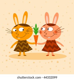 Rabbits and carrot - vector