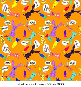 Rabbits and carrots. Colorful cartoon bright pattern on an orange background. Bunnies say how much they love carrots.