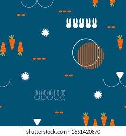 Conejos y zanahorias en un patrón geométrico sin costuras. Ilustración vectorial corta. Diseño conceptual para tapicería, decorados, banner web, tarjetas de felicitación, etc.