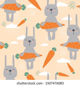 Rabbits with carrots, hand drawn backdrop. Colorful seamless pattern with animals, clouds. Decorative cute wallpaper, good for printing. Overlapping colored background vector