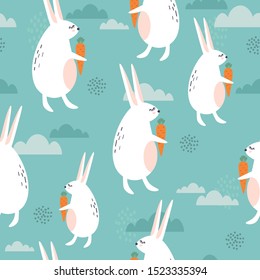 Rabbits with carrots, hand drawn backdrop. Colorful seamless pattern with animals, food. Decorative cute wallpaper, good for printing. Overlapping colored background vector