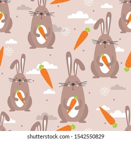 Rabbits with carrots, hand drawn backdrop. Colorful seamless pattern with animals, food. Decorative cute wallpaper, good for printing. Overlapping colored background vector