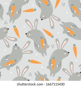 Rabbits with carrots, hand drawn backdrop. Colorful seamless pattern with animals, food. Decorative cute wallpaper, good for printing. Overlapping colored background vector