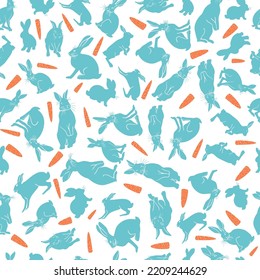 Kaninchen mit Karotten, handgezeichnet Hintergrund. nahtloses Muster mit Tieren. Dekorative, süße Tapete, gut zum Drucken. Vektorgrafik