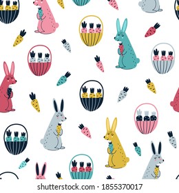 Rabbits and carrots seamless pattern in Scandinavian style. Funny background with woodland animals. Forest print with bunny for fabric, textile, wrapping paper. Vector illustration