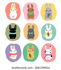 rabbits cartoon set vector collection
