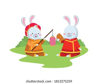 rabbits cartoons with traditional cloth lantern and mooncake design, Happy mid autumn harvest festival oriental chinese and celebration theme Vector illustration