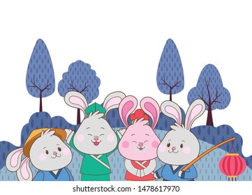 Rabbits celebrating mid autumn festival with paper lantern cartoons in the forest nature background ,vector illustration graphic design.